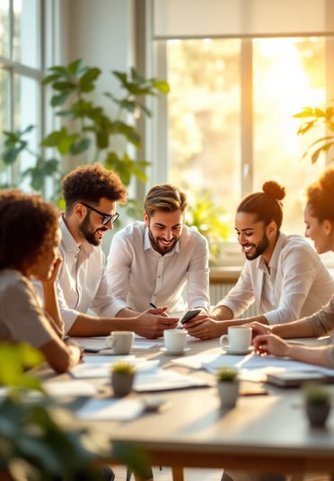 a group of people sitting around a table with a phone