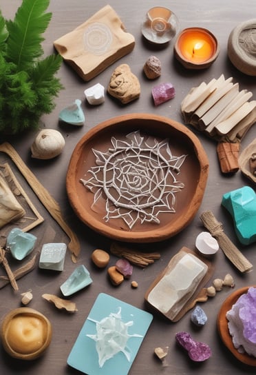 An arrangement of mystical and spiritual items on a soft white fabric. A notebook with intricate designs featuring an eye symbol, alongside a tarot card depicting a seated figure. A wooden incense holder, a crystal, and a small bottle of essential oil or perfume are nearby. A decorative stone with black patterns and a bundle of dried herbs rest on a small black dish. A woven fabric with sun and moon designs is draped in the background.