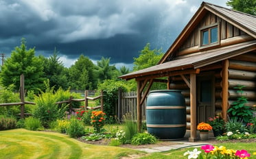 large rustic rain barrel beside a wood cabin