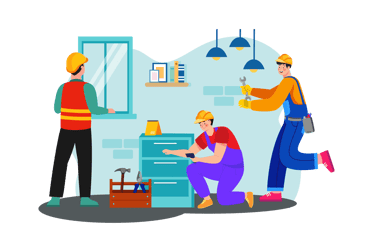 a man and woman working on a desk in a room