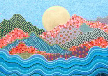 a painting of a mountain scene with a sun setting