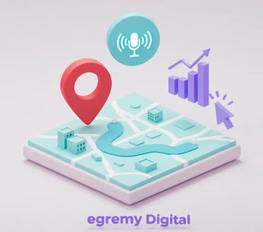 Mapa isométrico 3D con marcador de ubicación rojo, icono de micrófono, gráfico de barras ascendentes y cursor, marca Egremy D