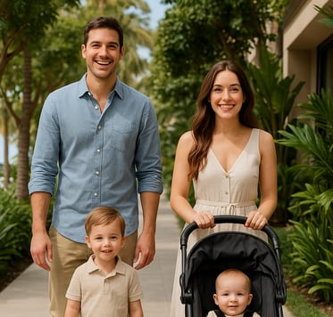 familia feliz caminando sin preocupaciones financieras por haber emprendido un negocio sin dejar su trabajo.