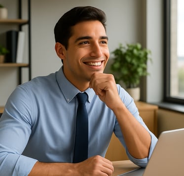 Hombre en la oficina, pensando en emprender y poner un negocio para más ingresos.