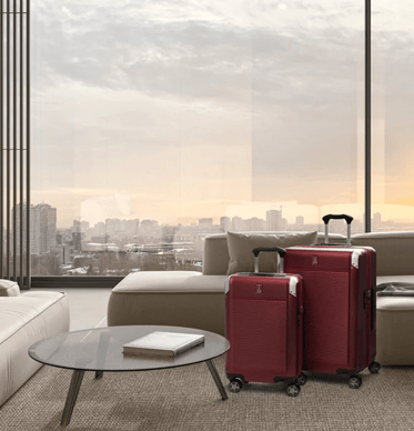 a living room with a couch and luggage