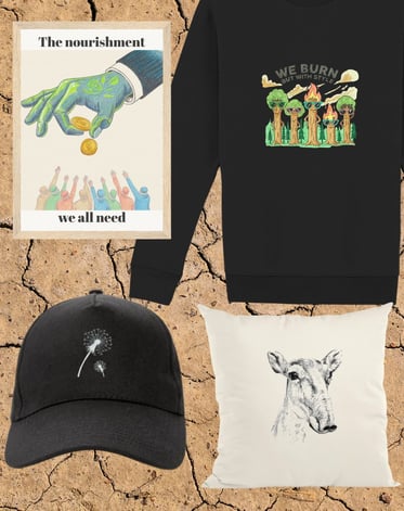 poster satirique, hoodie humoristique engagé, casquette et coussin équitables