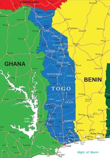 a map of the countries Ghana, Togo and Benin