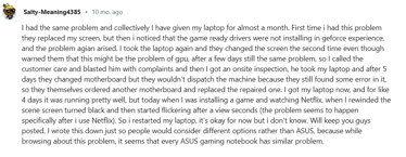 reddit post describing issues with asus tuf laptop