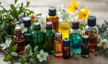 various essential oil bottles, surrounded by lush green herbs and delicate flowers