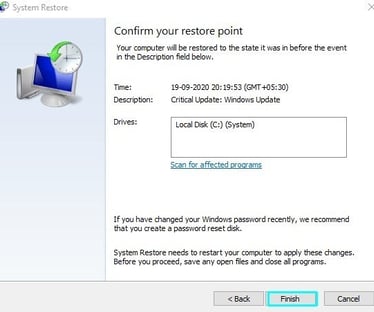 screenshot show confirm your restore point