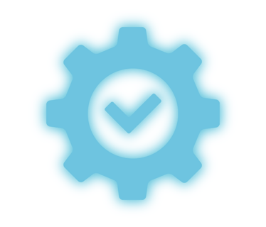 blue glowing gear icon with a checkmark inside