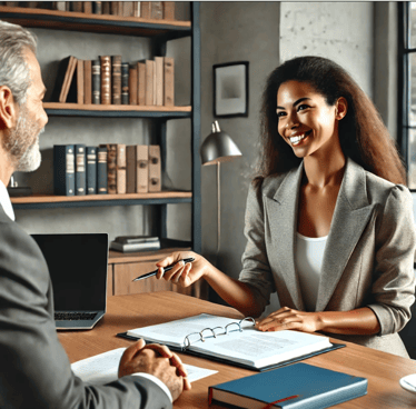 a man and woman sitting at a table with a laptop