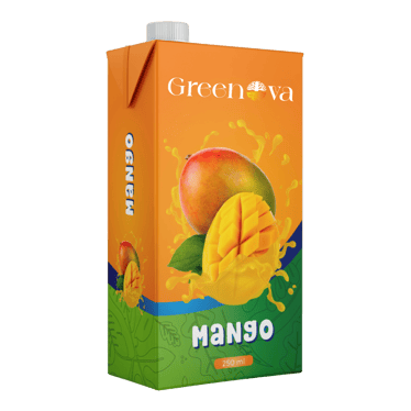 Greenova mango juice a carton of mango juice with a mango