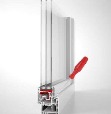 a window with a red handle and a red handle