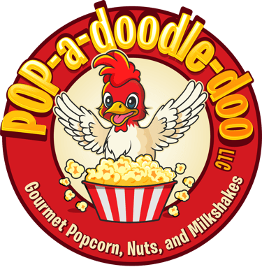 POP-a-doodle-doo Gourmet Popcorn, Nuts, and Milkshakes logo