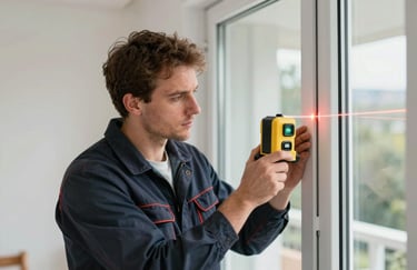 A professional installer in clean work clothes using a laser level to perfectly align a new window frame.