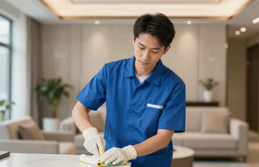 A cleaning specialist in a professional #0E2A47 blue uniform meticulously cleaning a high-end interior space. Reliable and professional mood.