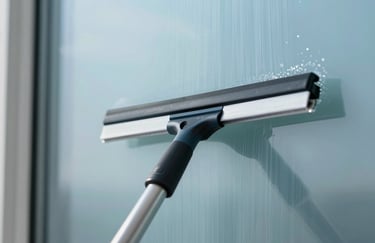 Close-up of a professional window squeegee leaving a perfectly clean streak on a glass surface. Premium lighting, professional equipment, shades of #295D8D blue.