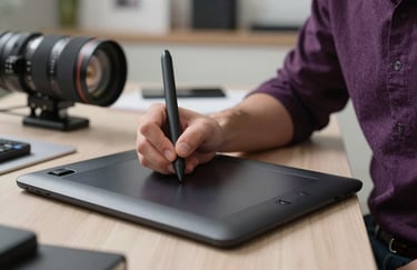 A professional designer using a stylus on a graphics tablet in a modern North American studio, thistle and deep purple color palette.
