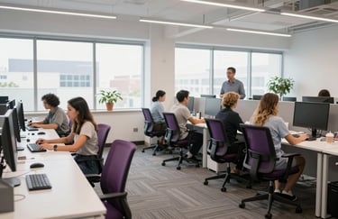 A wide shot of a collaborative workspace in a North American tech office with white desks and ergonomic purple chairs, bright natural light.