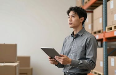 A logistics manager in a professional grey shirt holding a tablet, standing in a brightly lit, organized warehouse with soft off-white walls.