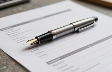Close-up of a high-quality fountain pen resting on a detailed logistics contract on a warm grey stone desk.