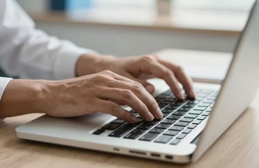 Close-up of professional hands typing on a laptop keyboard in a bright, clean office environment in South America / Brazilian, Off-white and Light Blue lighting.