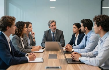 A diverse group of South American / Brazilian business professionals engaged in a collaborative discussion in a modern boardroom, Medium Blue and Light Blue decor.