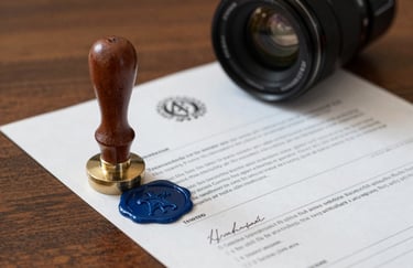 A sharp, detailed photograph of a official wax seal and a signed legal contract on a wooden desk. Professional lighting with steel blue accents.