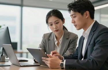 Two business professionals in smart casual attire having a productive discussion over a digital tablet in a bright, modern US office space.