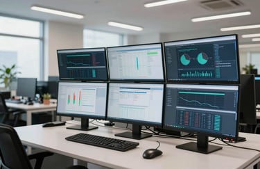 A high-efficiency professional workstation with multiple monitors displaying data analytics in a bright, modern US-based office environment.