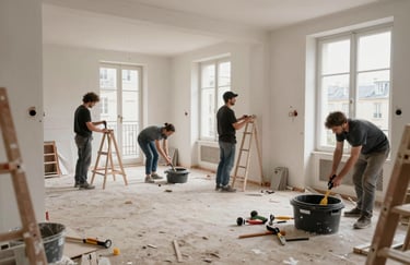 An authentic photography of a renovation site in a Parisian apartment, a professional team in action, tools laid out neatly, organized progress.