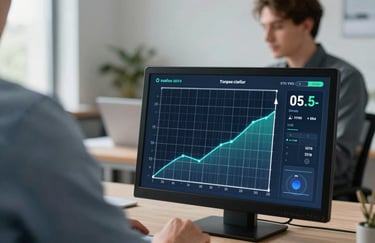 Close-up of a digital monitoring app showing high energy production from solar panels. In the background, a professional in a Northern European / Baltic office is visible. Clean and innovative tech style.
