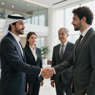 Corporate professionals shaking hands in a bright, contemporary office lobby in the Middle Eastern business district, focusing on trust and collaboration.
