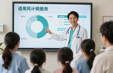 A medical professional in white and teal explaining health metrics on a large, high-definition screen to a family, North American hospital setting.