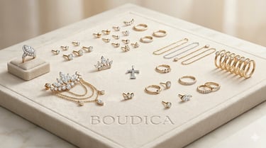 קולקציית תכשיטי יהלומים יוקרתית של Boudica עם טבעות זהב, עגילי יהלומים ושרשראות על מגש קטיפה