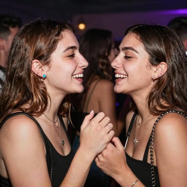 שתי נשים צעירות מחייכות וצוחקות יחד במסיבה עם תאורת ניאון ואווירה תוססת