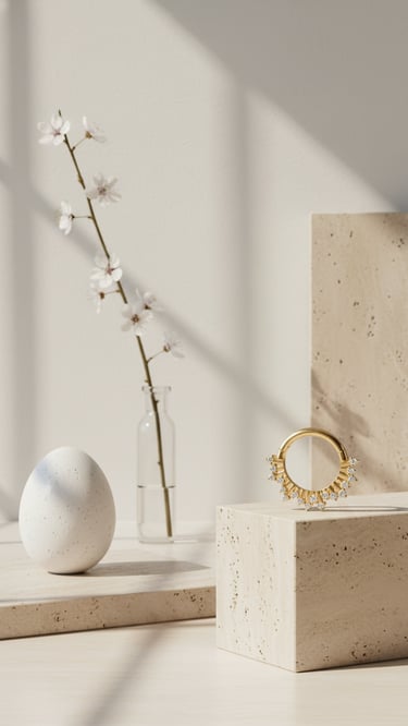 עגיל ספטום מזהב עם יהלומים מוצג על בלוק בגוון בז' עם פרחי דובדבן