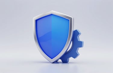 A modern 3D icon representing a shield and a gear, rendered in a sleek metallic style with #725DF0 and #3C306D reflections on a clean #F0F0FF surface, symbolizing reliability and mechanical precision.