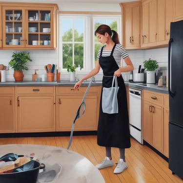 A friendly cleaning professional polishing a bright floor in a modern Palma de Mallorca home.