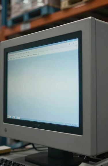 A close-up of a high-tech warehouse inventory system, reflecting soft blue and light mist light on metallic surfaces.
