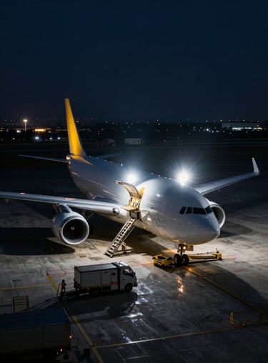 Aerial view of a cargo plane being loaded at night, with bright light mist spotlights contrasting against the dark navy sky.