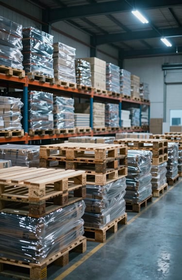 A vast warehouse interior with rows of pallets, organized and efficient, illuminated by cool soft blue lighting.
