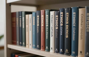 A close-up of high-quality hardcover books on a modern shelf, focusing on themes of ethics and technology, soft natural light, Global / English-speaking context.