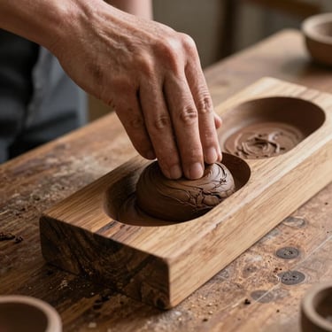 Close-up of raw, rich dark espresso brown clay being pressed into a traditional wooden mold on a rustic walnut workbench, soft natural lighting.