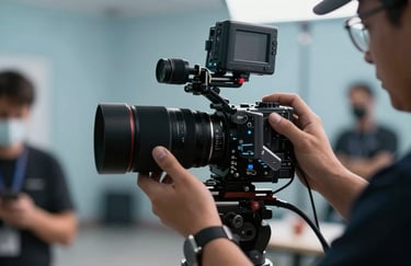 A close-up action shot of a camera operator adjusting a lens on a busy, professional film set. The lighting is dramatic, using navy and light blue accents.
