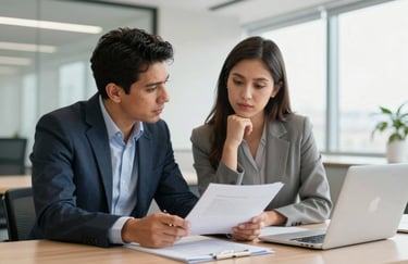 Two Hispanic / Spanish (Spain) professionals in business attire discussing a property portfolio in a bright, modern office.