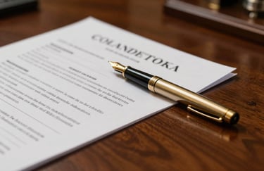 A detail shot of a professional contract and a gold fountain pen on a polished mahogany desk in a Spanish notary office.