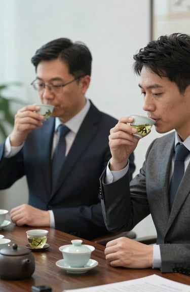 A professional B2B meeting in an East Asian office setting, where two people in business attire are tasting tea samples from small porcelain cups.