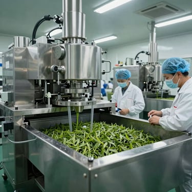 Wide shot of a clean, state-of-the-art tea processing factory in China showing automated stainless steel equipment and meticulous production standards.